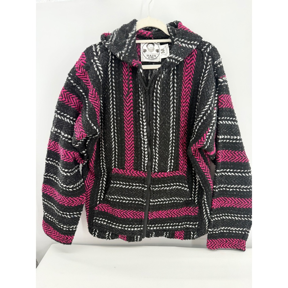 Wild Bill's Baja Co Hoodie Jacket Medium Black Pink Striped Zip Up Hippie Boho